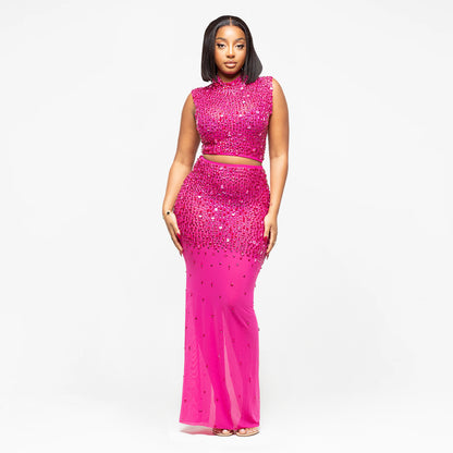XYZ C7580 sheer mesh rhinestone dress two-piece set