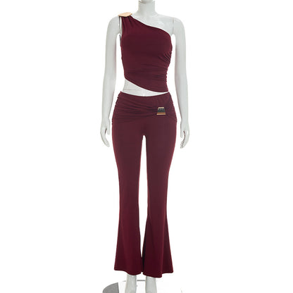 DZHT D26ST215 metal one-shoulder pleated top bootcut pants two-piece suit