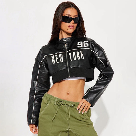 SXR autumn short zip leather coat fashion print stitching jacket