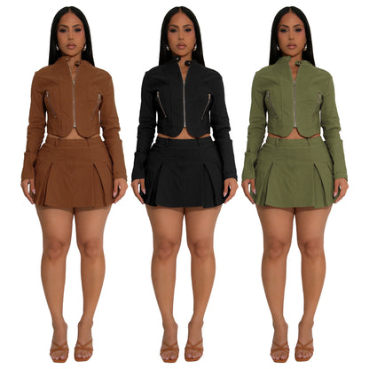 MYF (S-2XL) 10888 long sleeve zipper top skirt two-piece set