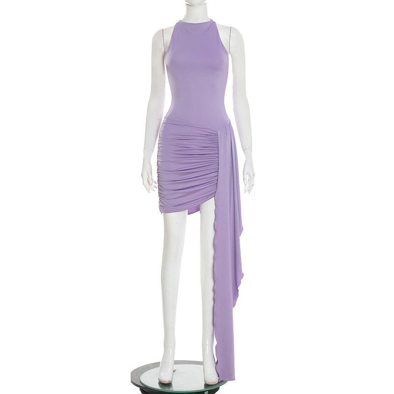 DZHT D25DS579 round neck sleeveless ribbon skinny sheath dress