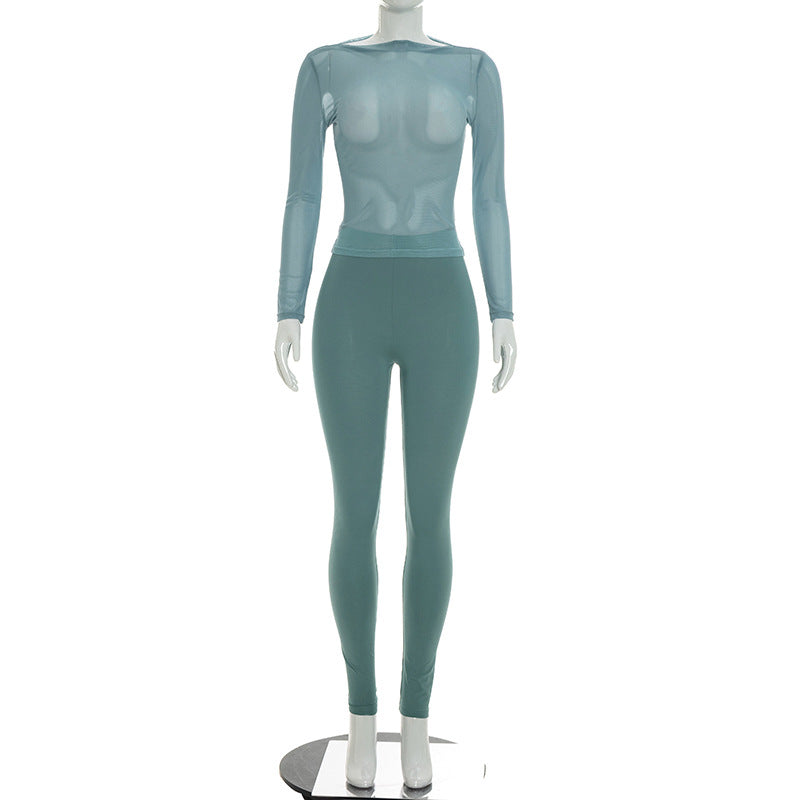 DZHT D26ST225 mesh long-sleeved top slim-fit trousers solid color two-piece suit