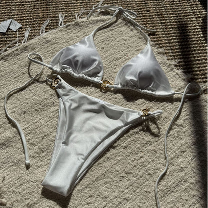 (4 days ready to ship) SY nylon light metal ring lace-up backless split swimsuit bikini