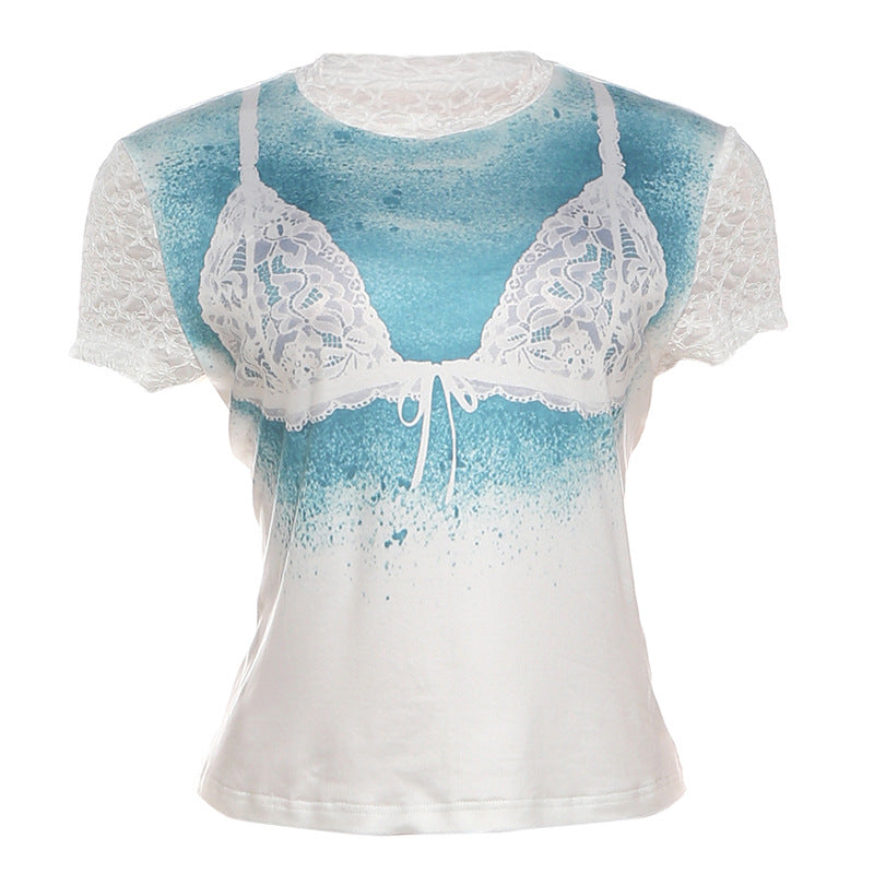 SXR K6L06645 spring personalized printed short-sleeved T-shirt sexy see-through lace stitching coat