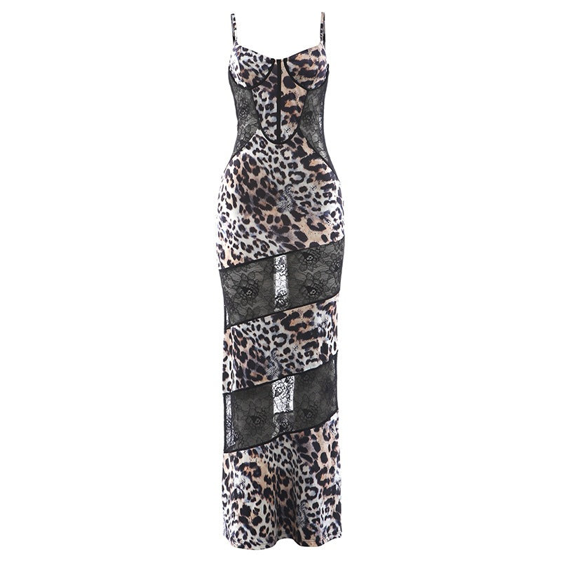 DLS sling leopard print lace stitching see-through dress