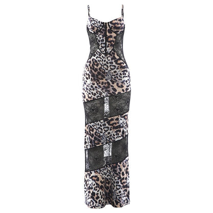 DLS sling leopard print lace stitching see-through dress