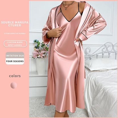 DNL Ice Silk Robe Women's artificial silk cardigan lace-up suspender skirt outerwear gown suit