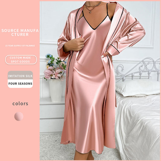 DNL Ice Silk Robe Women's artificial silk cardigan lace-up suspender skirt outerwear gown suit