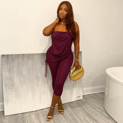 DZHT D26JP142 slim-fit sleeveless fake two-piece tube top drawstring cropped jumpsuit