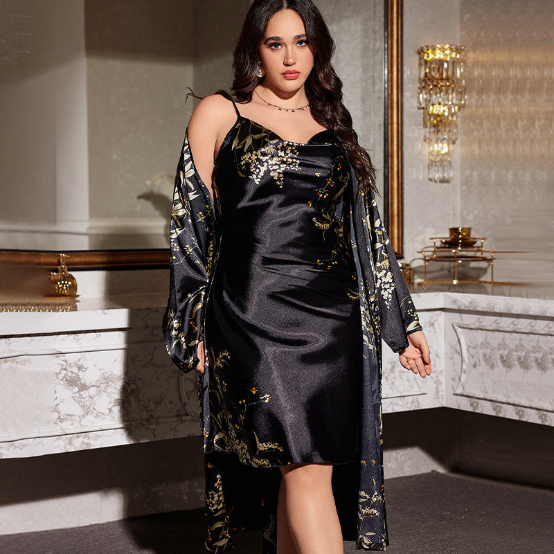 DNL plus size printed pajamas outer wear long pajamas set lace-up nightgown nightdress two-piece set