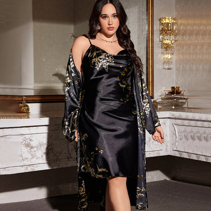 DNL plus size printed pajamas outer wear long pajamas set lace-up nightgown nightdress two-piece set