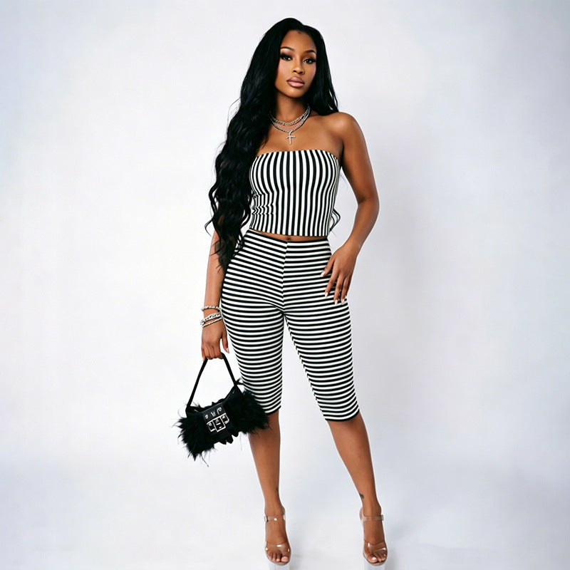 DZHT J26ST301 contrast color striped bandeau slim-fit striped cropped pants suit