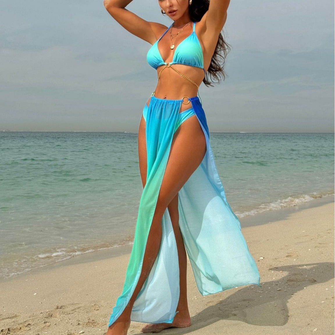 (4 days ready to ship) SY gradient mesh long dress drawstring banded bikini three-piece set