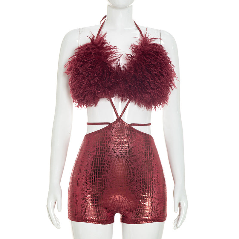 DZHT J26RP306 backless hollow-out furry stitching halter lace-up one-piece shorts