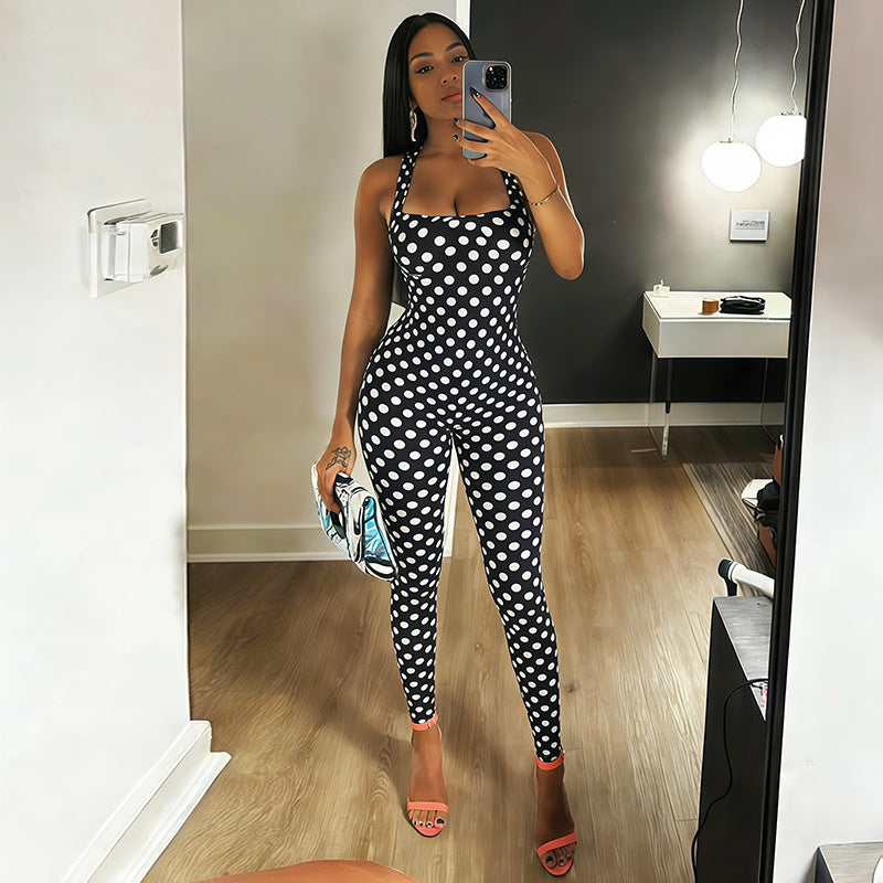 SXR K6Q08484A summer backless sleeveless polka dot printed jumpsuit