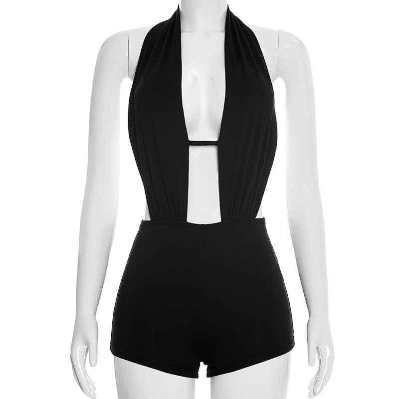 DZHT D26RP037 spring halter bare back one-piece shorts