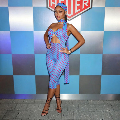DZHT J26JP122 polka dot print halter ribbon backless tight cropped jumpsuit