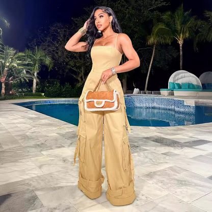 (S-2XL) ZSC tube top multi-pocket workwear jumpsuit wide leg jumpsuit