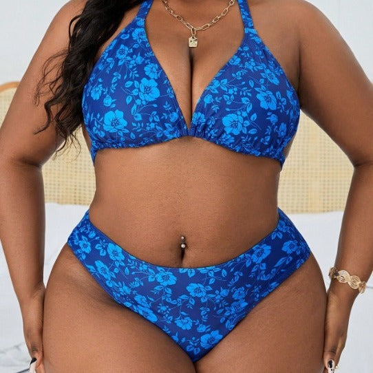 CL (L-4XL) printed lace-up beach plus size swimsuit women's bikini three-piece hot spring