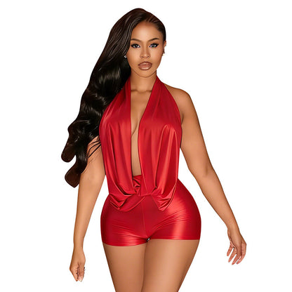 DZHT J26RP134 summer pure color halter draped backless lace-up one-piece shorts