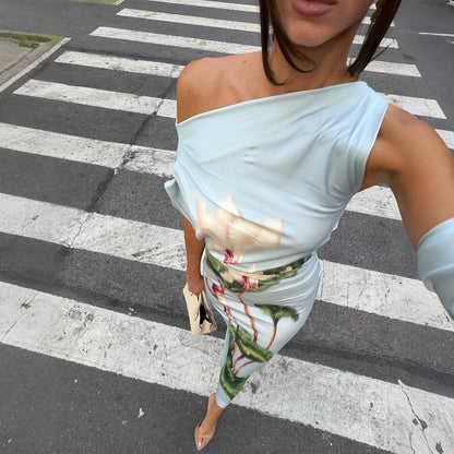 DLS summer crossbody collar waist slimming printed sheath dress
