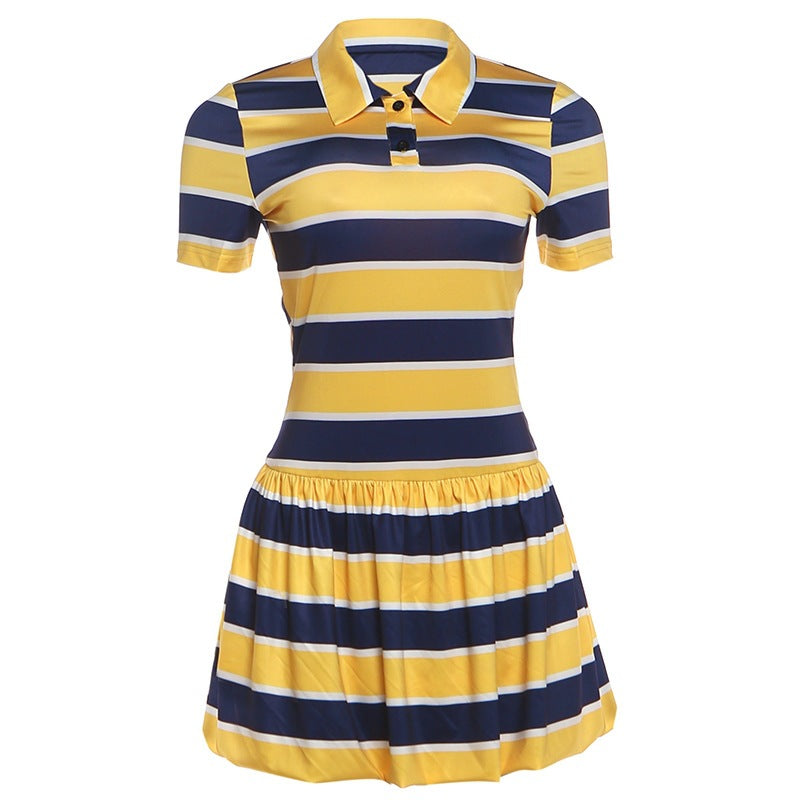 DLS summer lapels vintage stripe sports fashion short sleeve dress