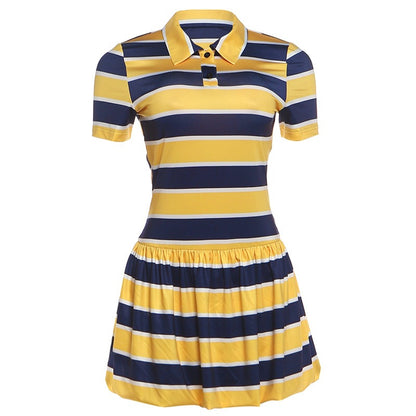 DLS summer lapels vintage stripe sports fashion short sleeve dress