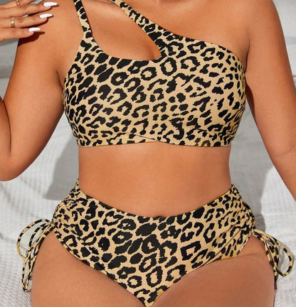 CL (L-4XL) oblique shoulder leopard print plus size swimsuit women's split high waist two-piece bikini