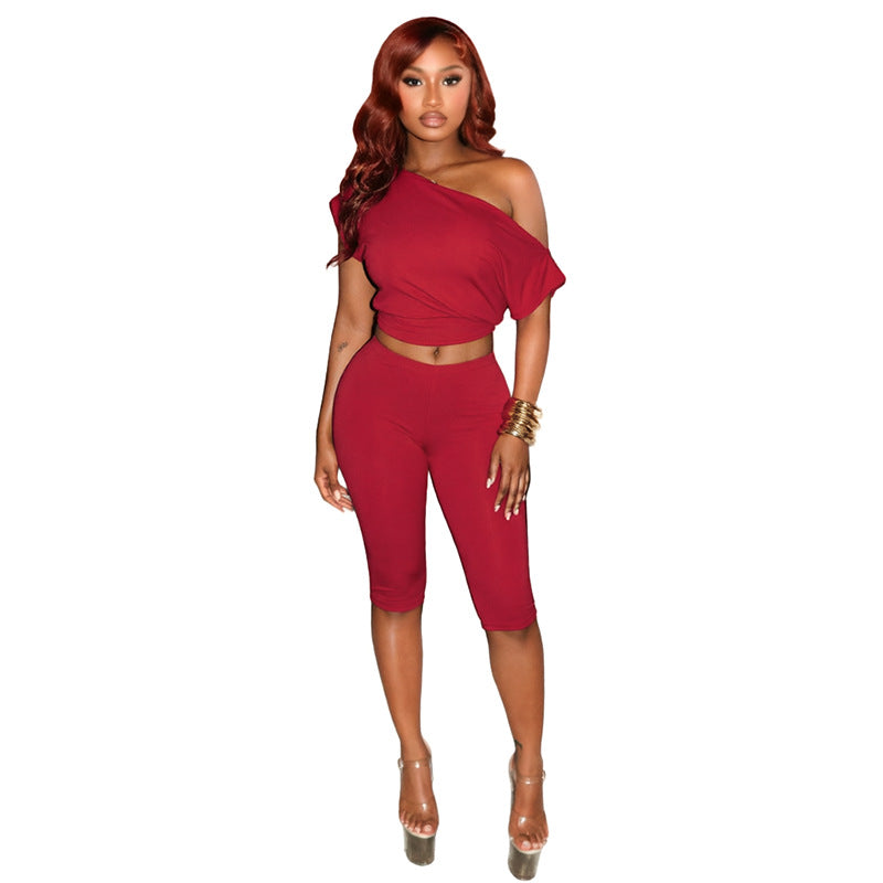 DZHT D26ST276 fashion slant shoulder short sleeve top tight cropped pants suit