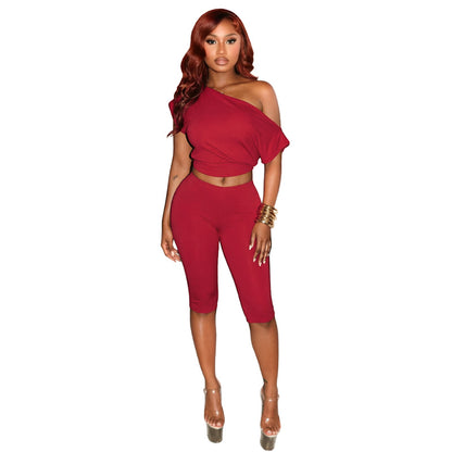 DZHT D26ST276 fashion slant shoulder short sleeve top tight cropped pants suit
