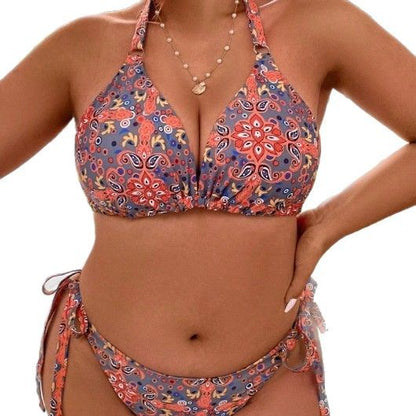 CL (L-4XL) plus size swimsuit bikini floral adjustable lace-up split bikini