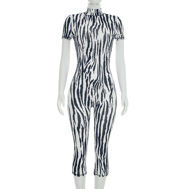 DZHT D26JP191 printed half turtleneck short sleeve backless tight one-piece cropped pants
