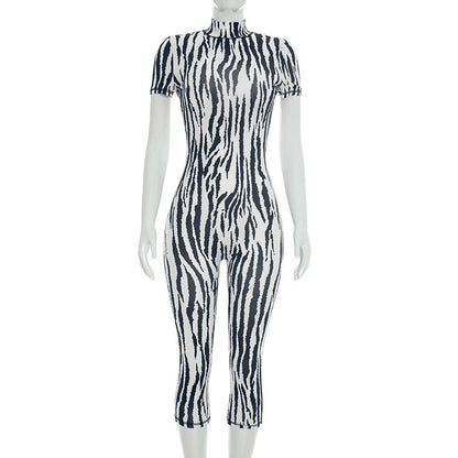 DZHT D26JP191 printed half turtleneck short sleeve backless tight one-piece cropped pants