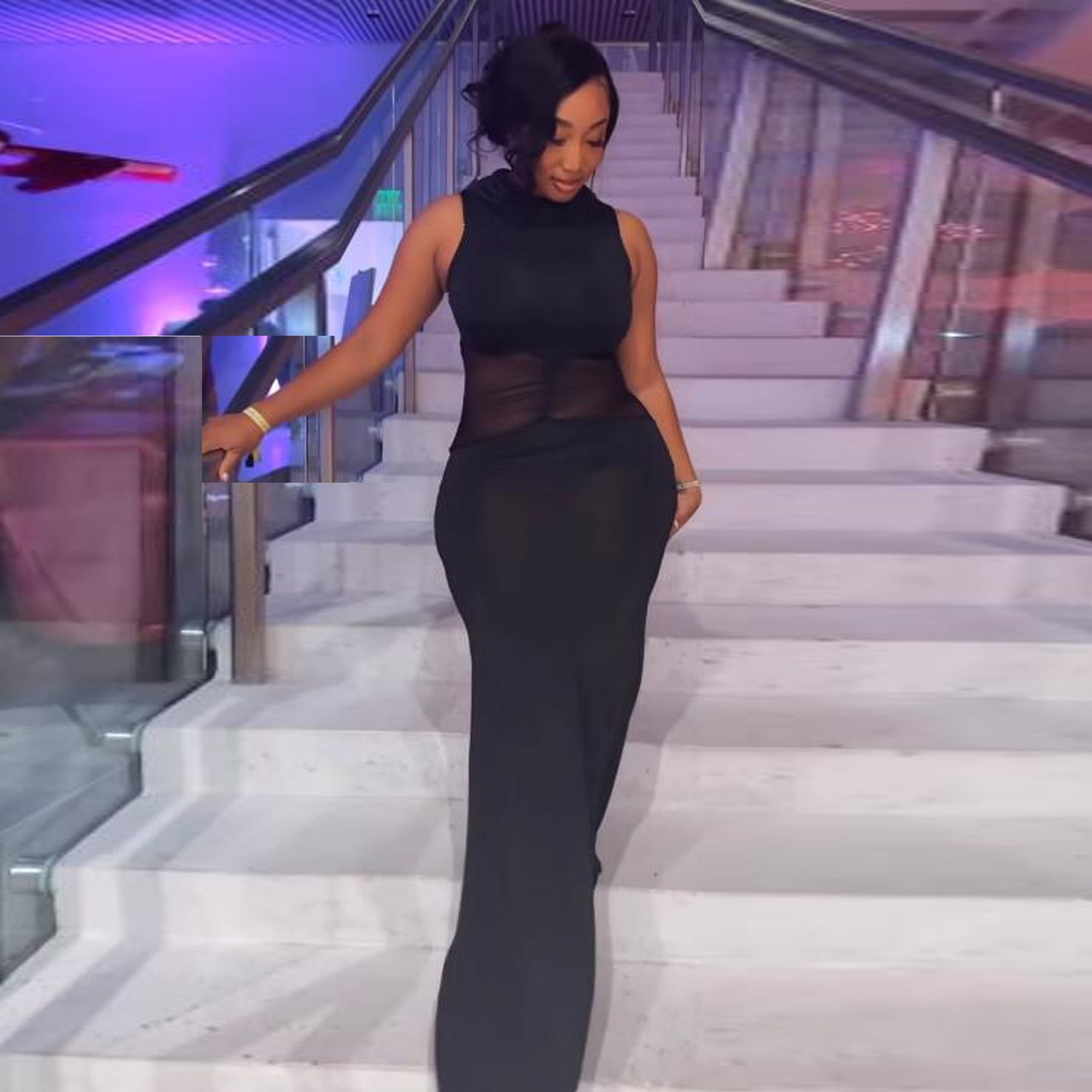 GY (S-3XL) S10626 sheath tight turtleneck sleeveless mesh stitching see-through dress