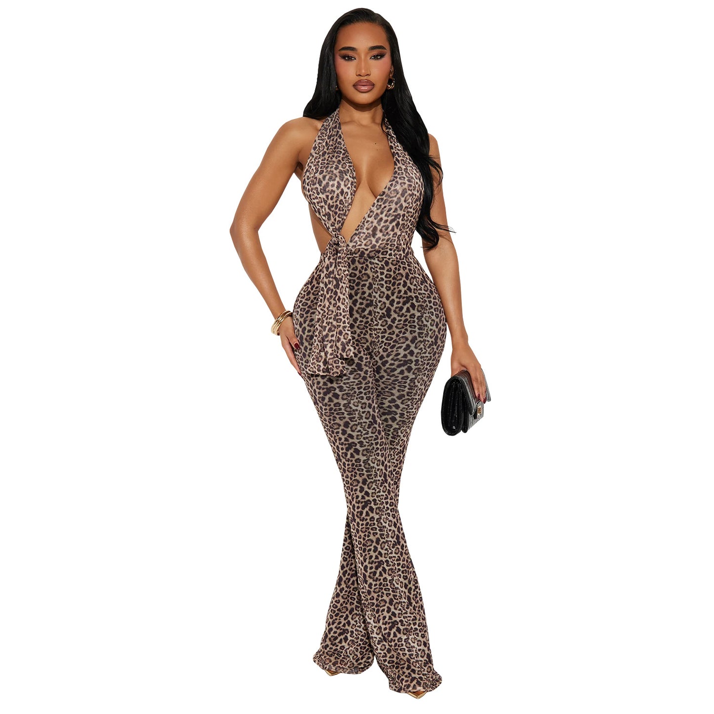 XYZ C7495 leopard print neck-Hanging Bag arm jumpsuit