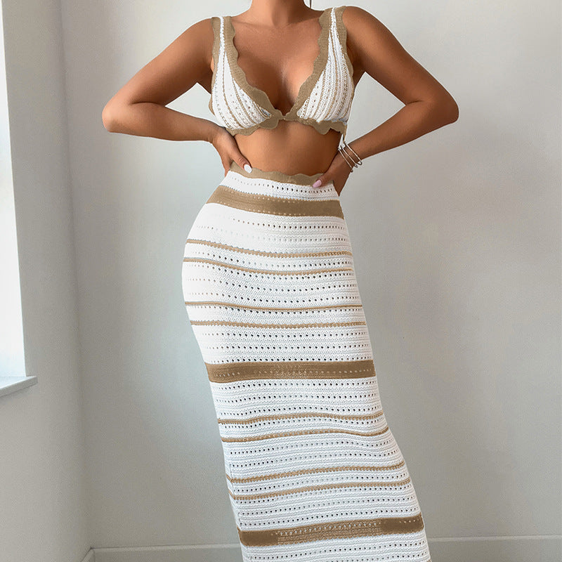 CYB striped textured beach bikini long skirt suit