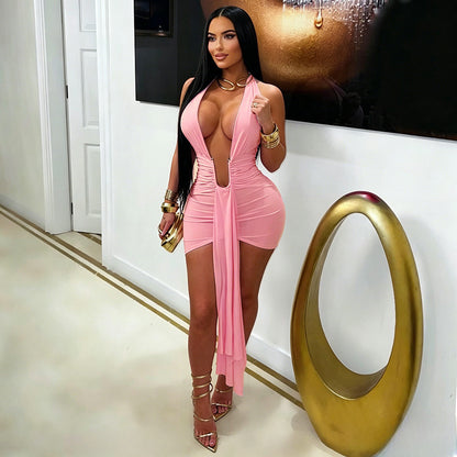 DZHT C26DS181 low collar halter strap backless sheath dress