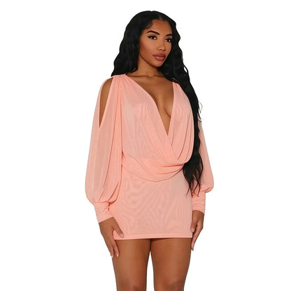 DZHT J26DS261 summer solid color long sleeve draped collar backless sheath dress short skirt