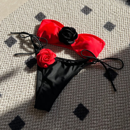 (4 days ready to ship) SY color matching rose tube top lace-up drawstring strap split swimsuit bikini 9149