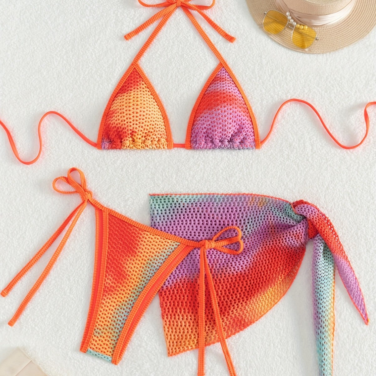Swimsuit contrast color three-piece backless lace-up bikini LG464