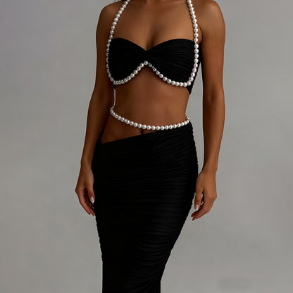 SXR autumn and winter Pearl decorative navel wrapped chest low waist hip-wrapped long skirt suit
