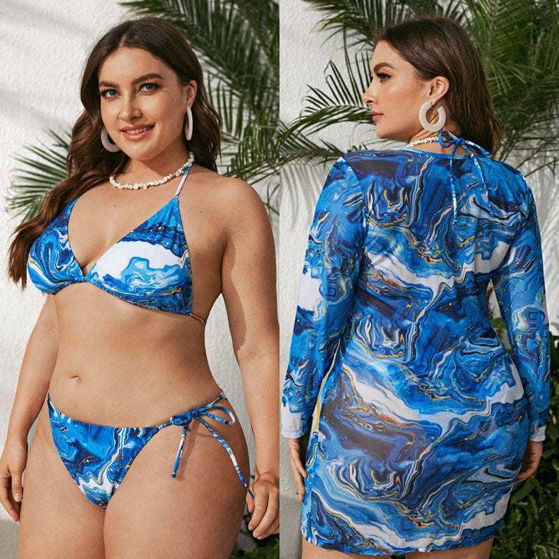 LF (L-4XL) swimsuit women's three-piece suit Blue, large-sized sexy triangle belt yarn