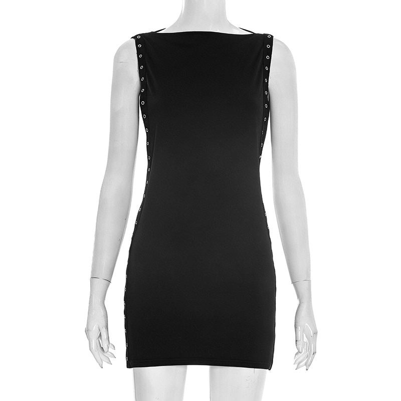 DZHT D25DS593 summer round neck corns hollow out short sleeveless dress