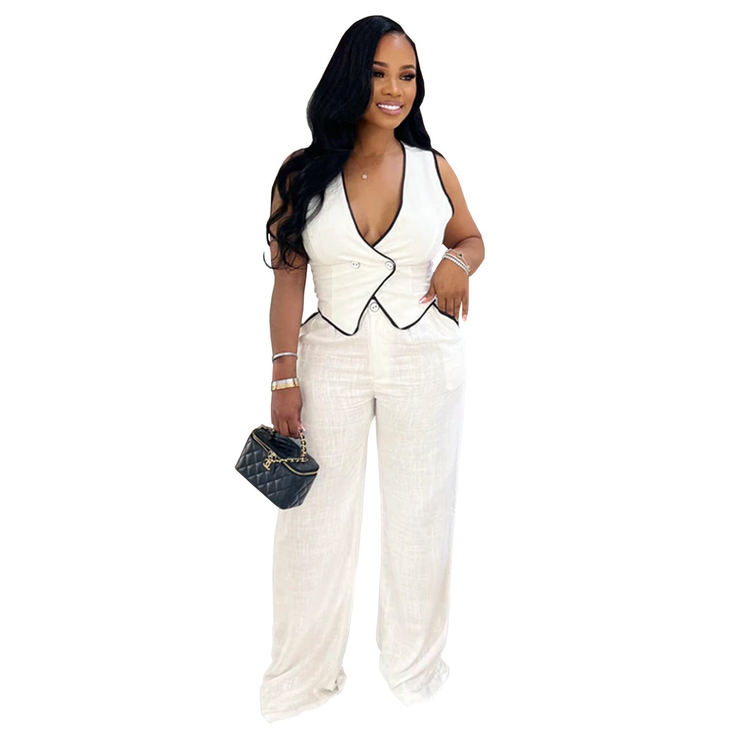 XYZ C7402 casual V-neck button top trousers two-piece set