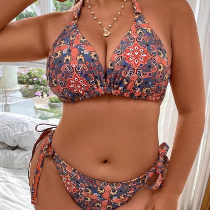 CL (L-4XL) plus size swimsuit bikini floral adjustable lace-up split bikini