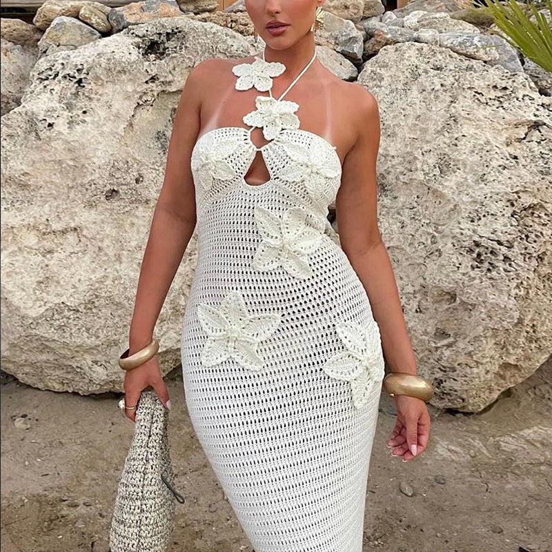 CYB flower hook suspender dress elegant flowers backless knitted beach dress blouse