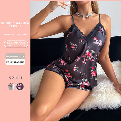 DNL printed Ice Silk pajamas set suspender shorts two-piece set