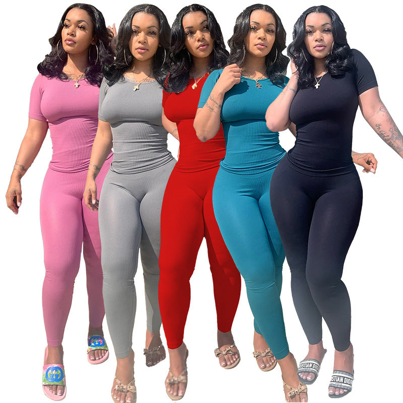 MYF (S-2XL) K9884 sports two-piece set sunken stripe high elastic suit for women