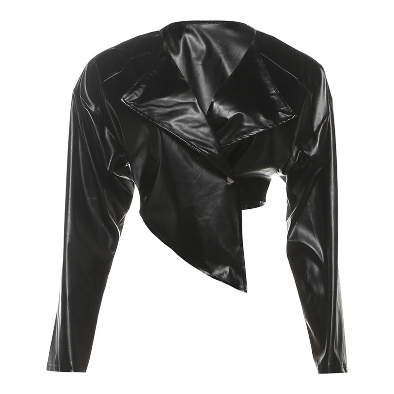 SXR summer fashion waist-controlled navel PU leather solid color casual jacket