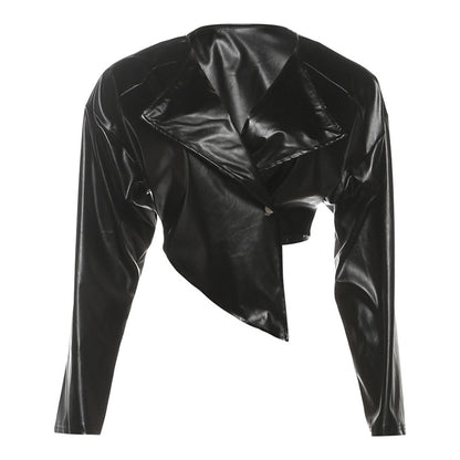 SXR summer fashion waist-controlled navel PU leather solid color casual jacket